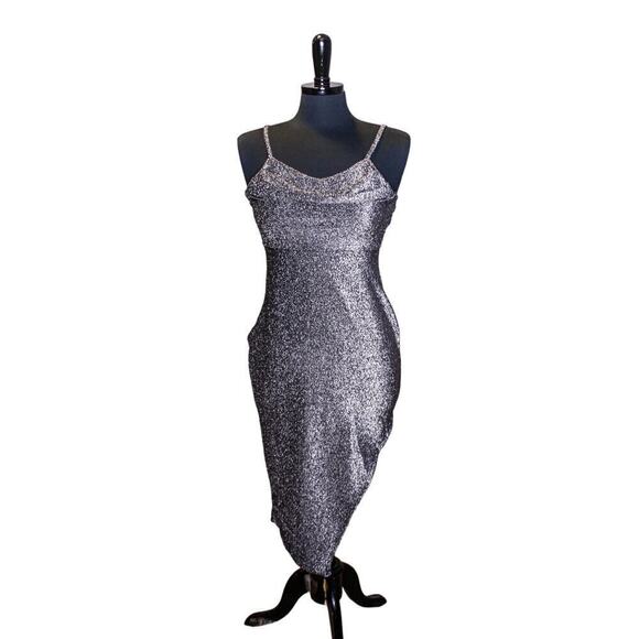 Madden NYC Dress Party Black Silver Sleeveless Bodycon Asymmetrical - Picture 1 of 4